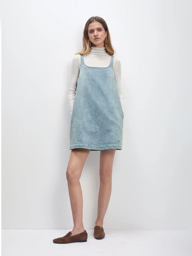 retro washed dark grey blue A-line denim dress-Model front photo-01