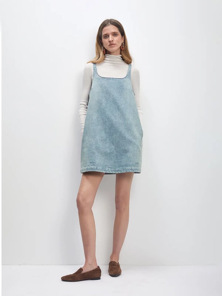 retro washed dark grey blue A-line denim dress-Model front photo-01