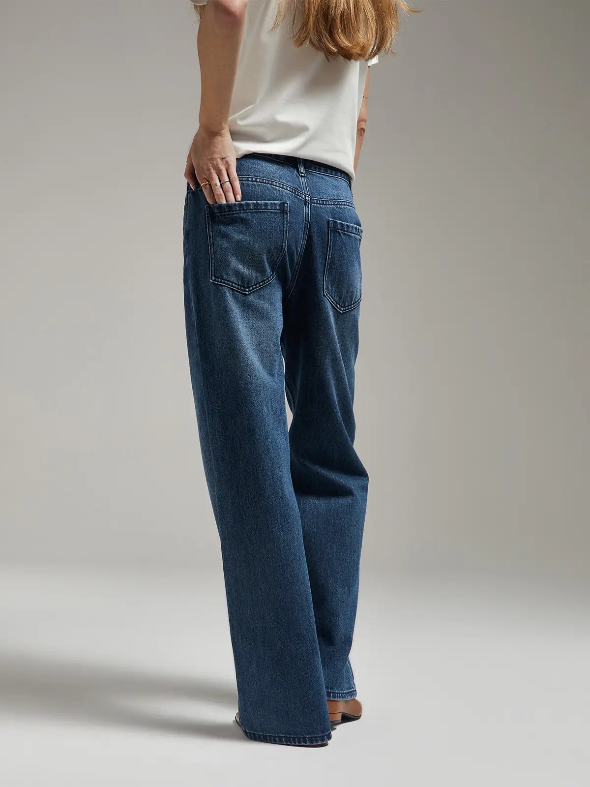 retro dark blue mid low waist straight jeans-Model front photo3