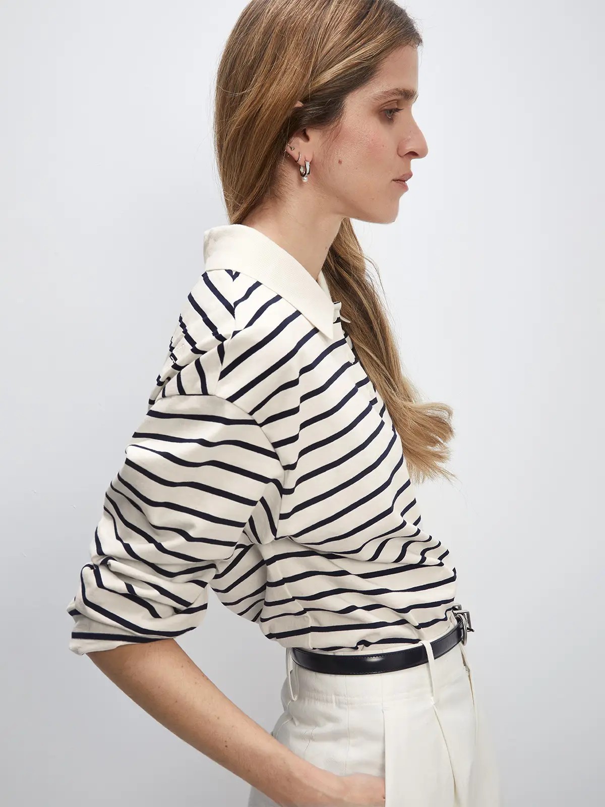 classic green white striped polo collar long sleeve cotton tee T-shirt-Model front photo-06