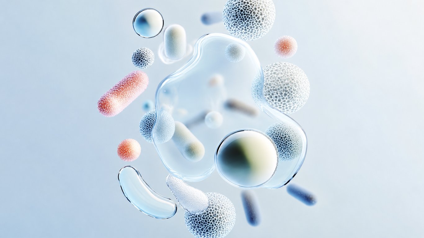 Abstract illustration of pale capsules, spheres, and translucent bubbles.