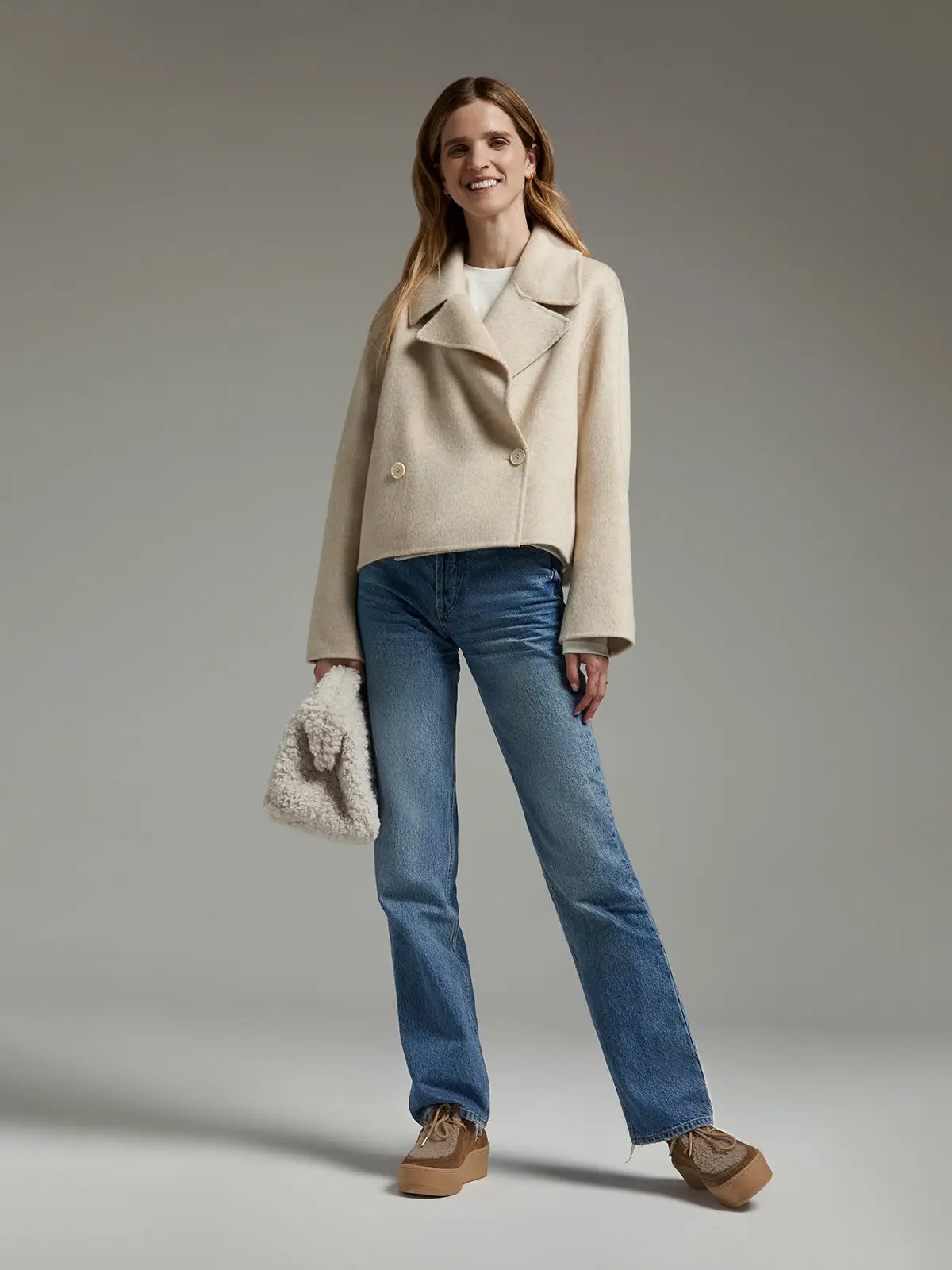 Alxa camel wool silk beige grey brown casual loose short coat-Model front photo-02