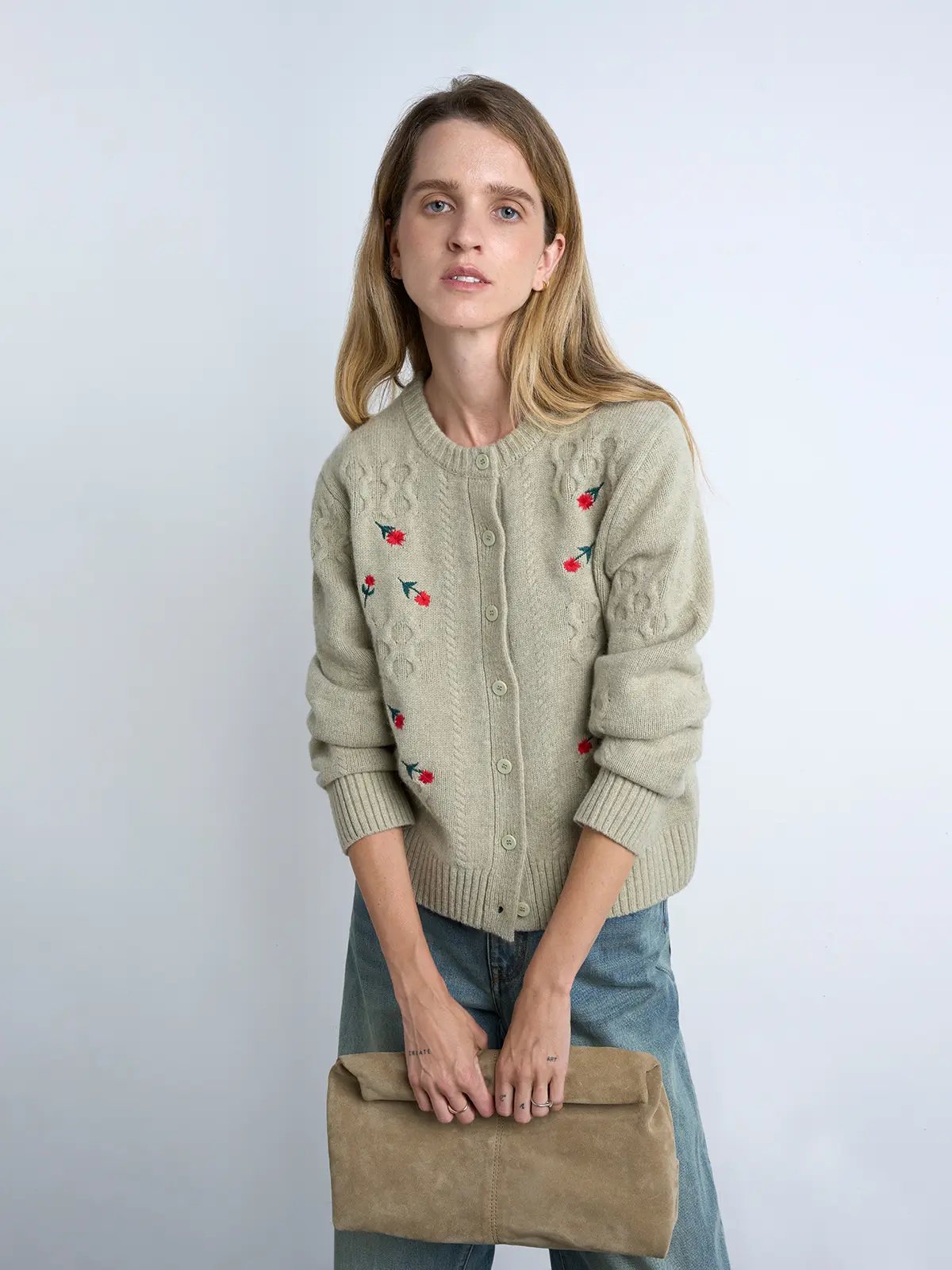 yak wool retro embroidery flower brown green knit cardigan-Model front view