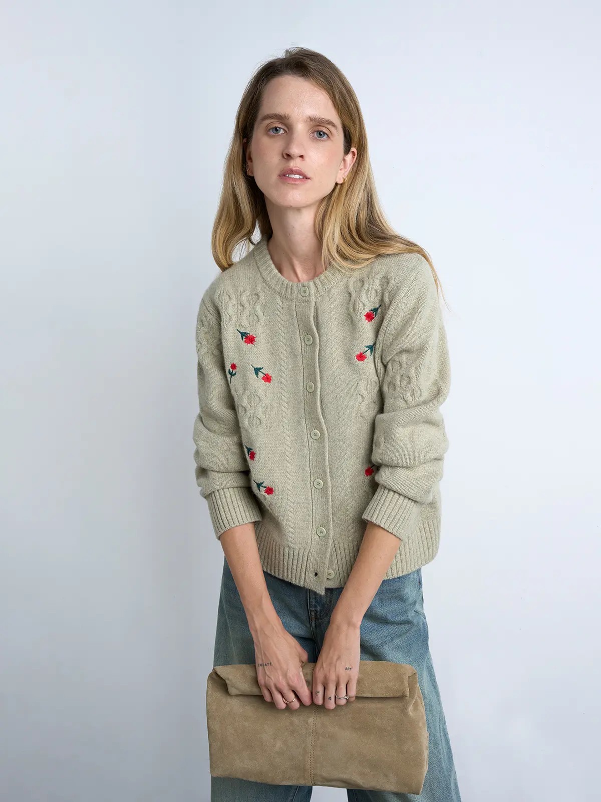 yak wool retro embroidery flower brown green knit cardigan-Model front view
