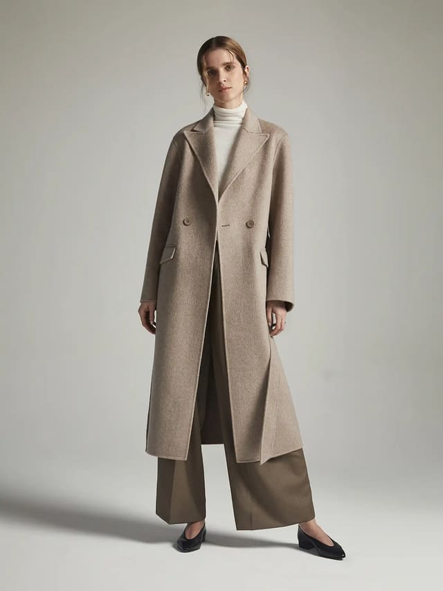 Alxa camel wool silk beige grey brown black classic long coat - Model front view tan