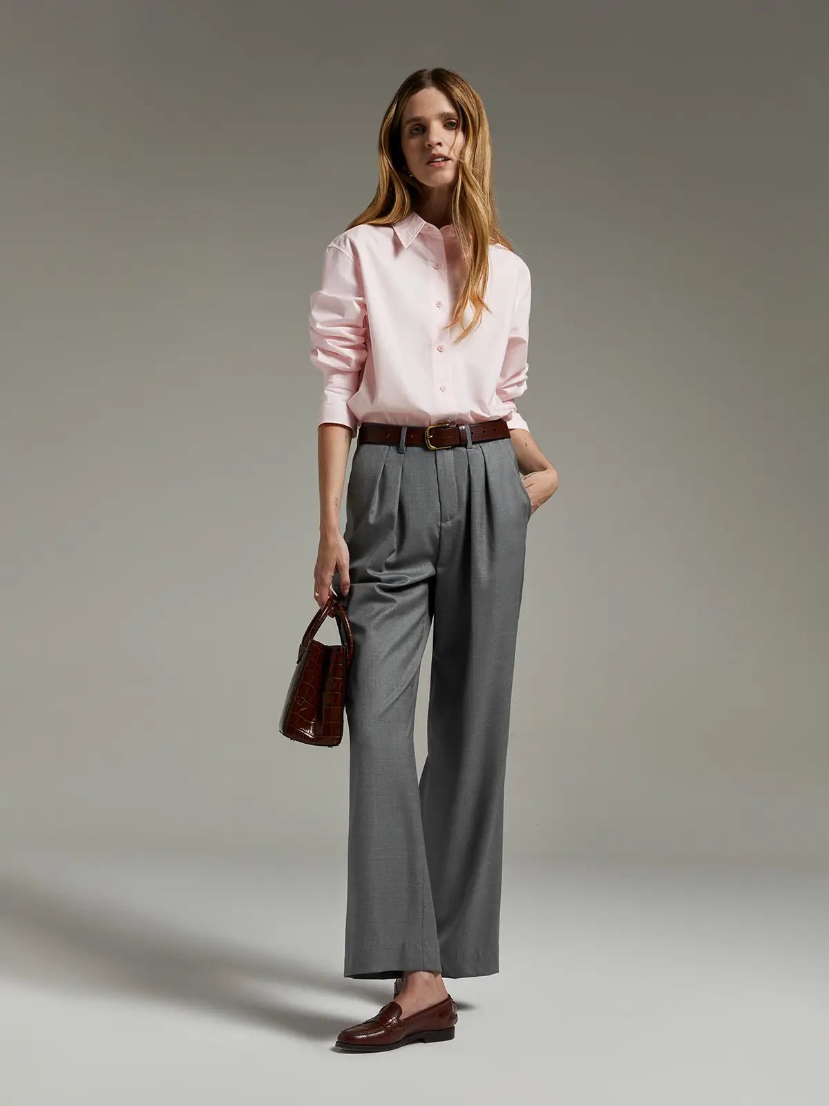 classic navy grey wool wide leg pants - Model front photo
