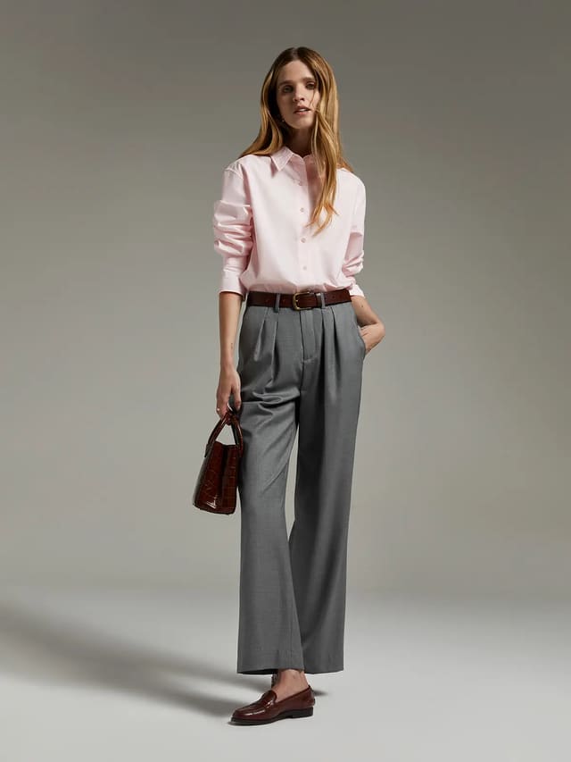 classic navy grey wool wide leg pants - Model front photo