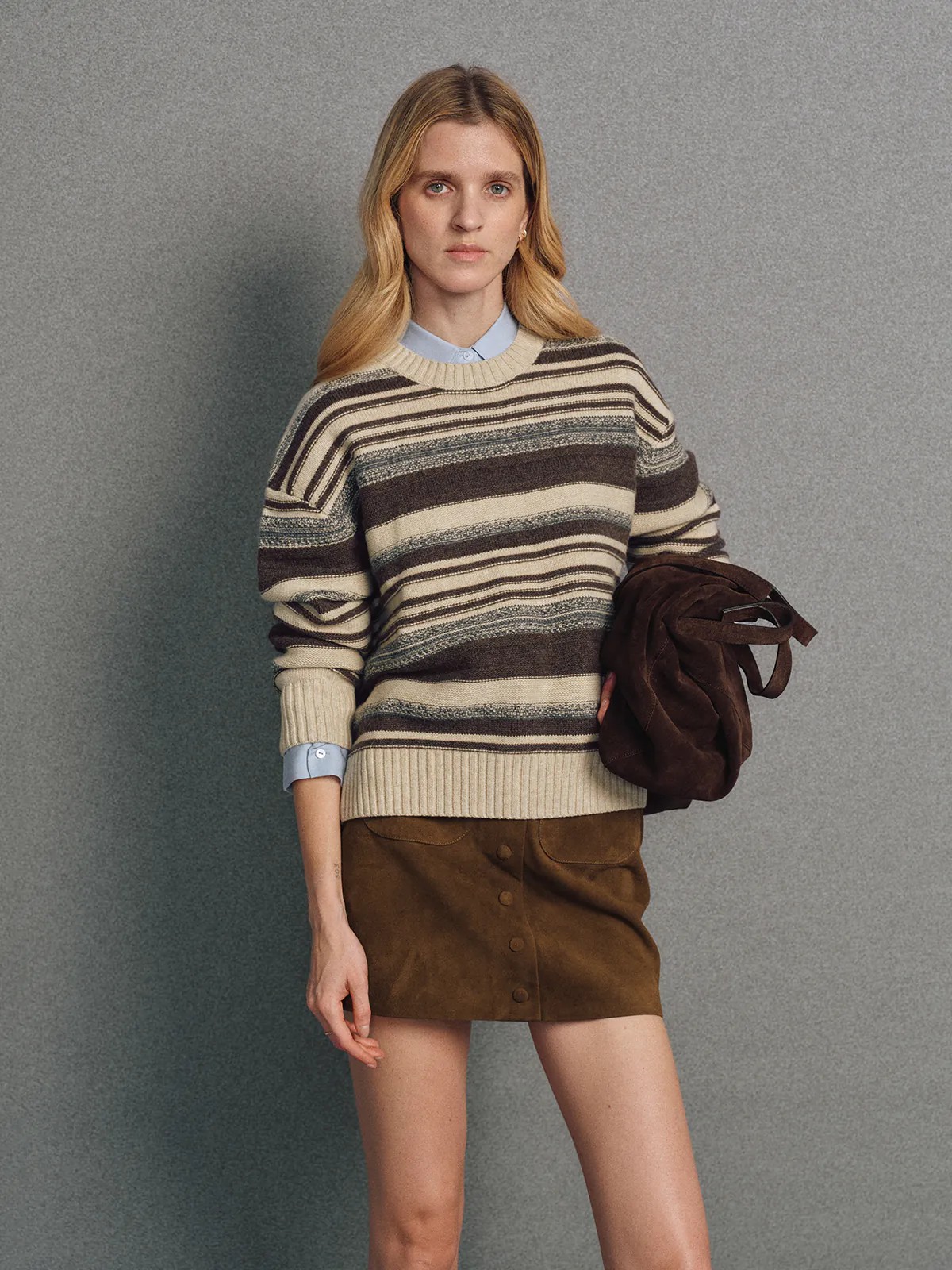 AFRA｜Irregular Multicolour Stripe Wool Cotton Jumper-Model front view-03