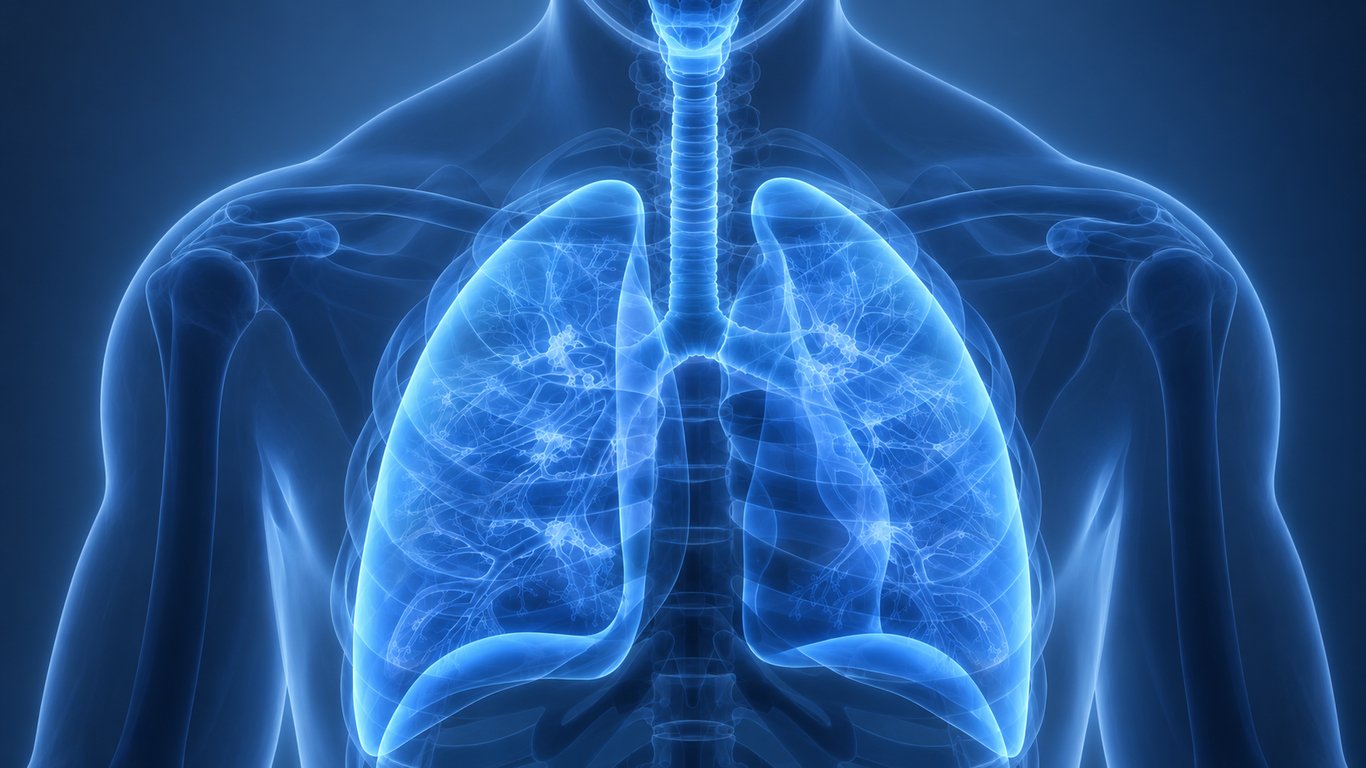 Digital illustration of blue lungs and airways inside a translucent torso.