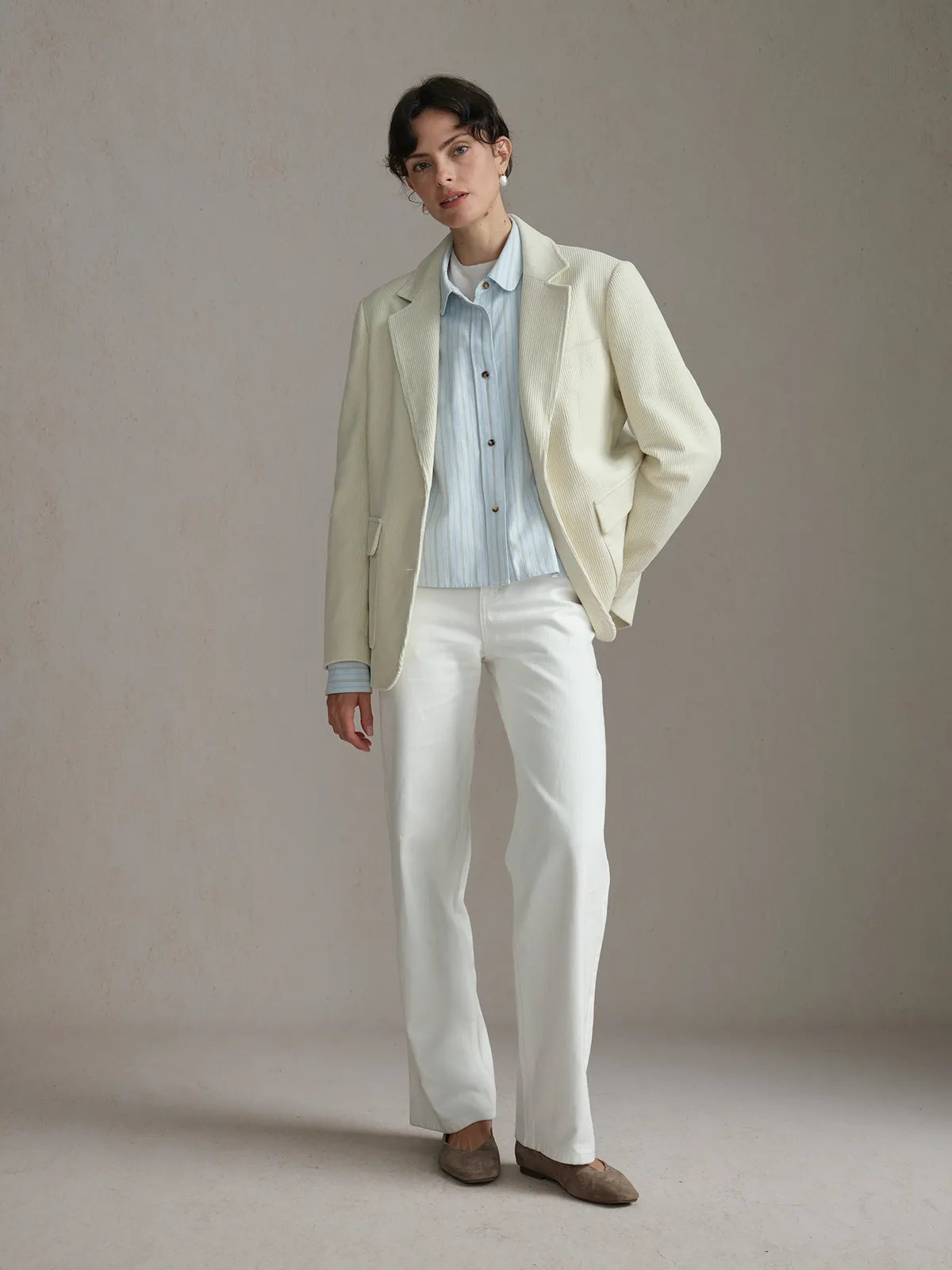 KIMBERLEY blazer styled with striped shirt and white wide-leg trousers