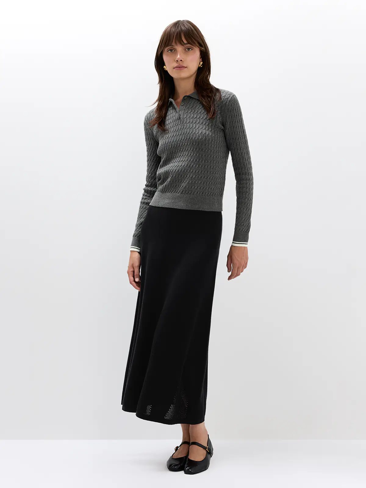 SANDRA｜Cashmere Cotton Blend Cable Knit Polo - SANDRA｜Cashmere Cotton Blend Cable Knit Polo-gray