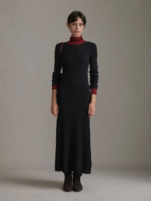 Full-body front view of model wearing black BRENDA maxi dress layered over burgundy turtleneck with brown ankle boots