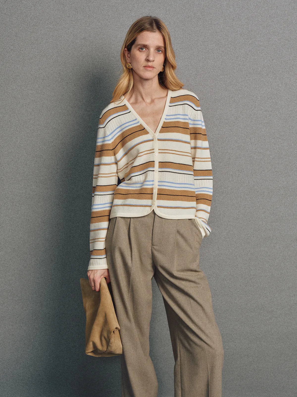 ELENA｜Multicolour Stripe Cashmere Wool V-Neck Cardigan-Model side view-02
