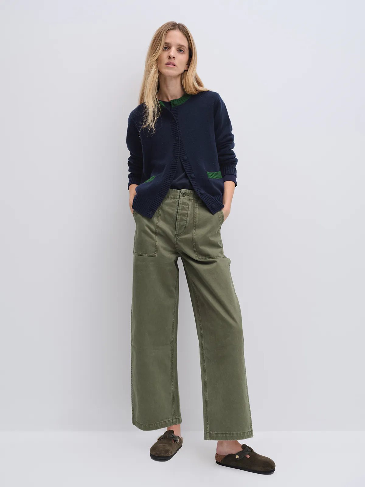 Model wearing navy cardigan with contrast trim, layered over dark top, with wide-leg pants and clogs.