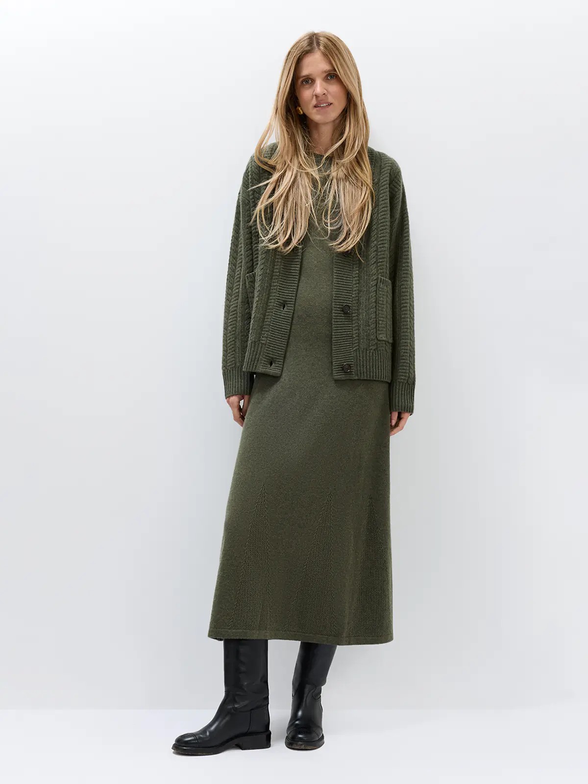 HATTIE｜Cashmere Wool Blend V-Neck Cable Cardigan-Model front view-04