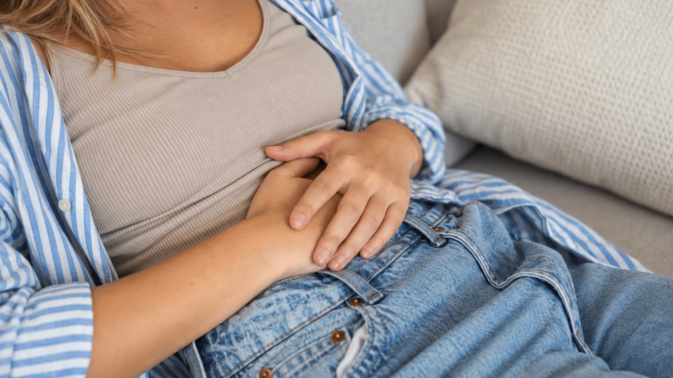 A person resting their hands on their abdomen while seated on a couch.