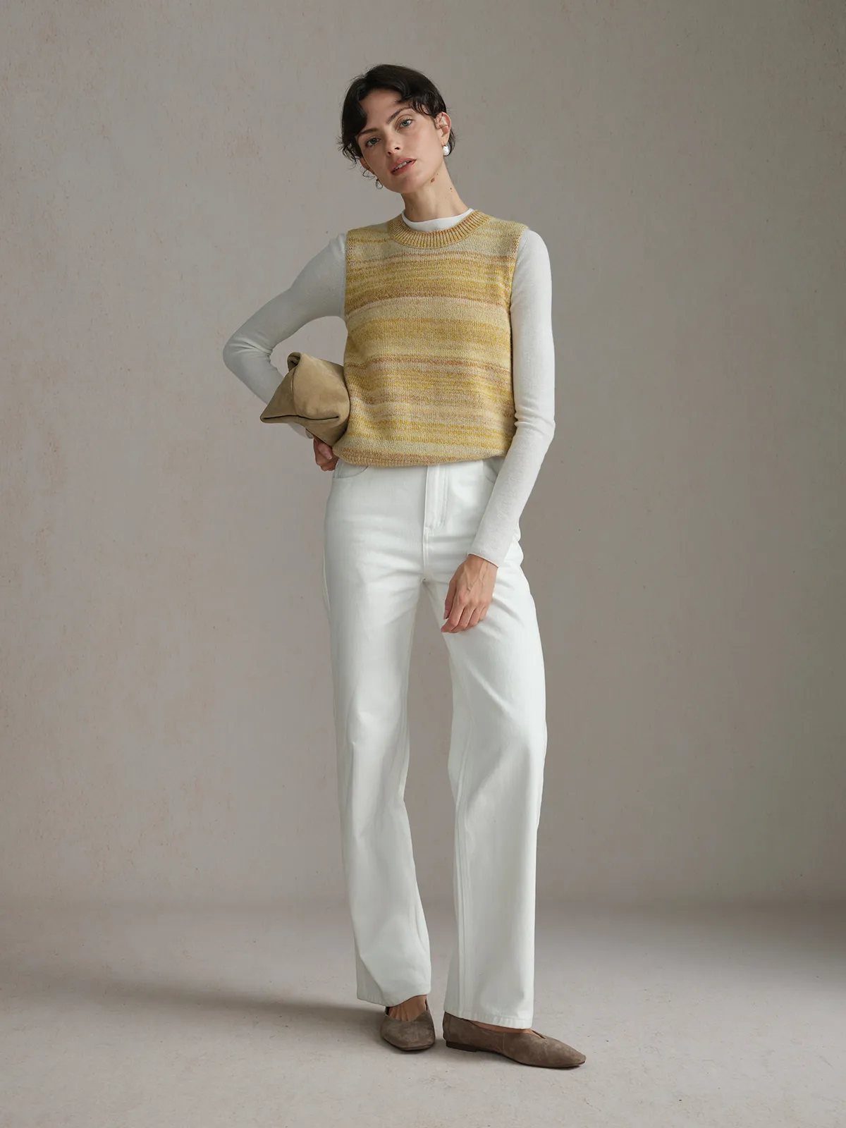 RIPPLE Gradient Stripe Knit Jumper with white long-sleeve top and white wide-leg jeans, modern minimalism