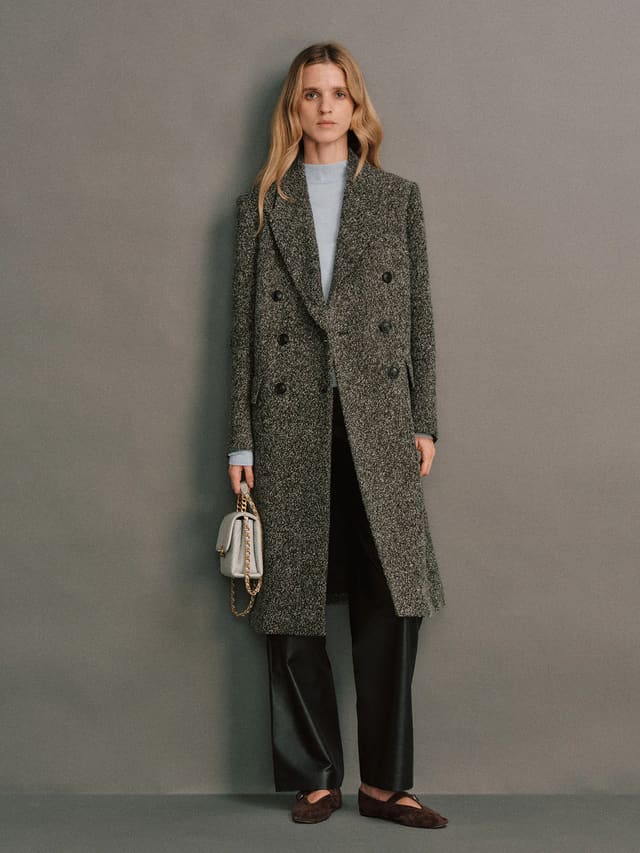 KAYLA｜Wool Bouclé Tweed Tailored Long Coat-Model front view-01