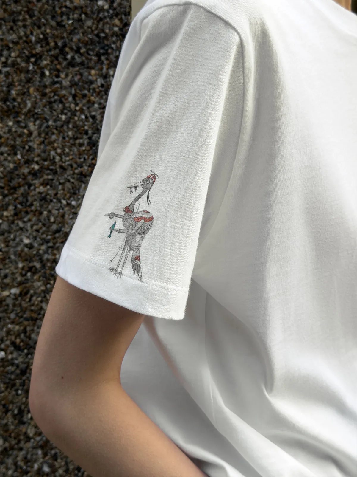 Side close-up of EDWARD t-shirt sleeve showing full crane illustration against gravel background — minimalist streetwear detail