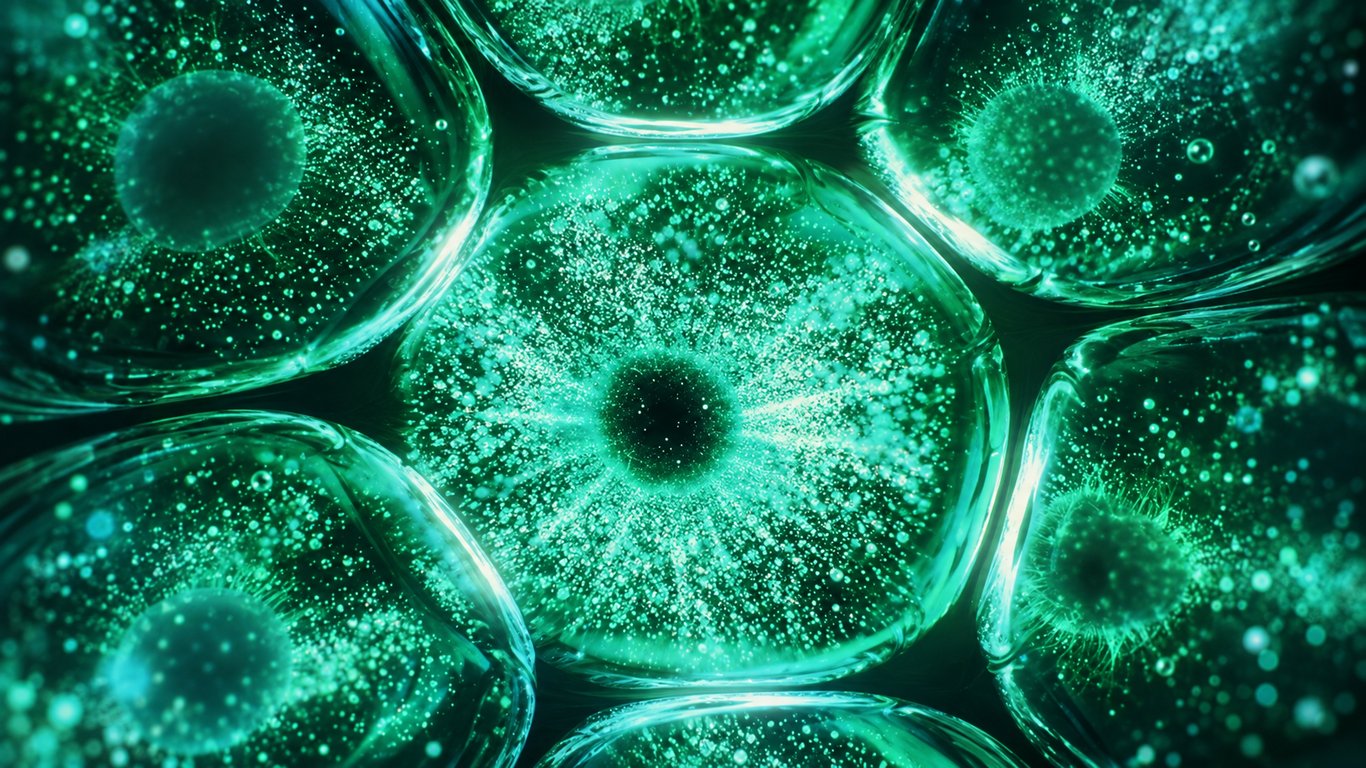 Illustration of rounded green cell-like shapes with glowing centers.