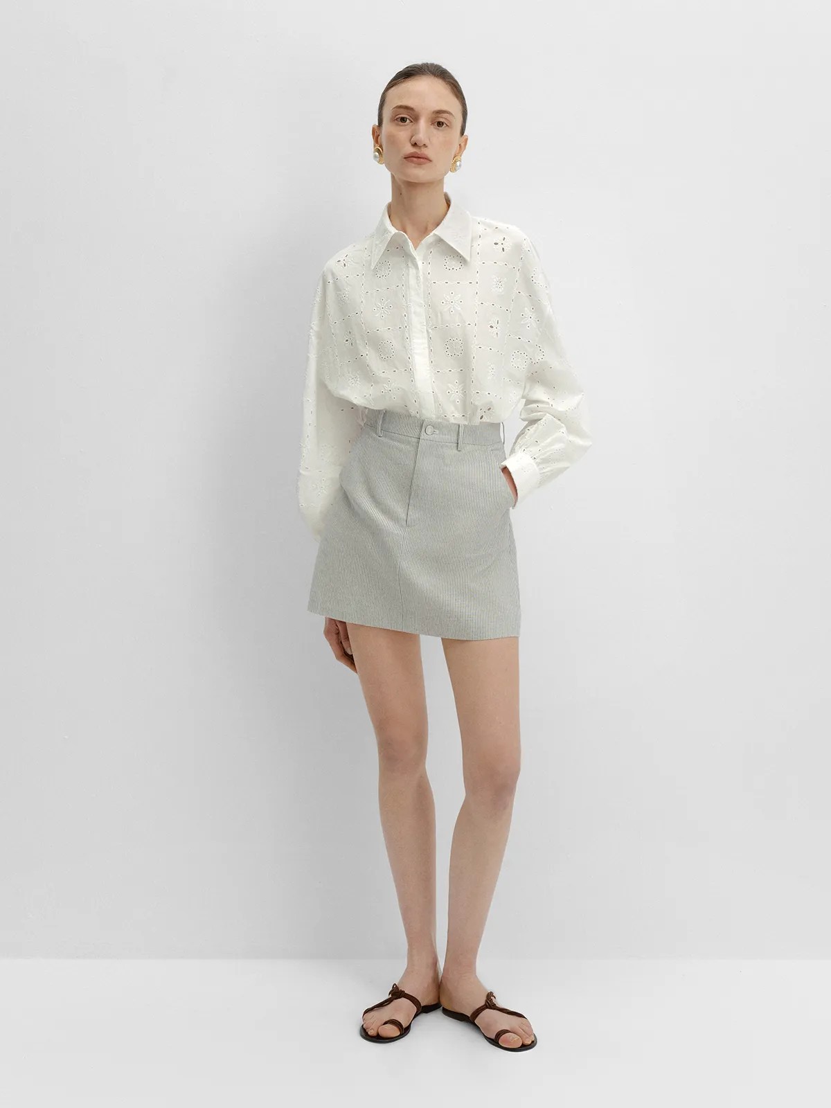 andreatang MINA shirt with grey striped mini skirt, gold earrings, minimalist summer look