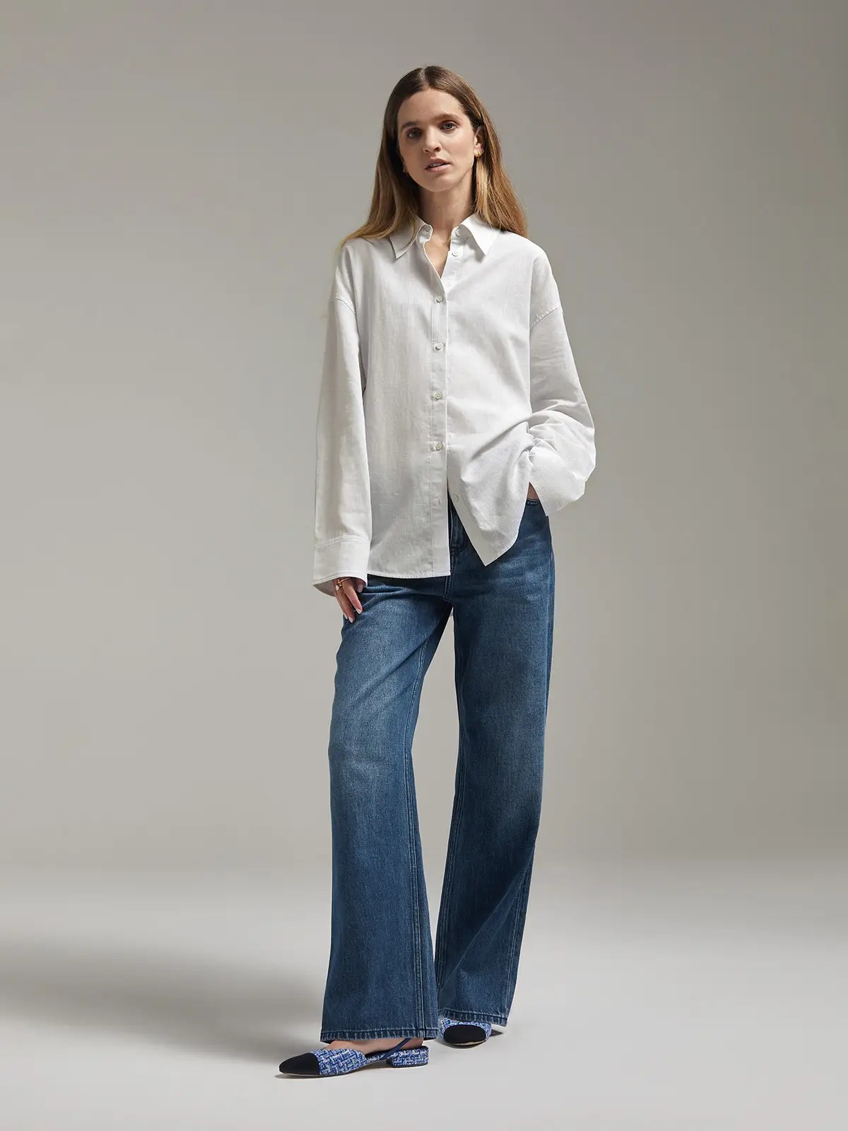 retro dark blue mid low waist straight jeans-Model front photo4