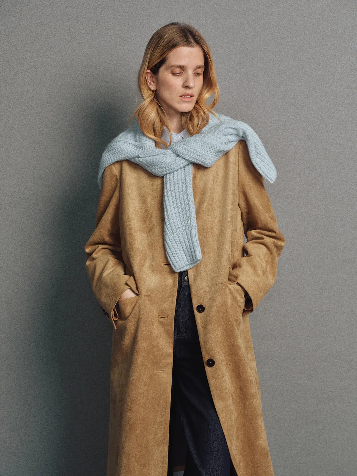 CORNELIA｜Minimal Faux Suede Collarless Long Coat-Model side view-03
