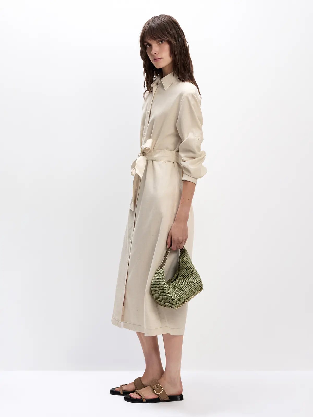 Front view of the Natural JOANNA shirt dress with rolled sleeves, button-front placket, and self-fabric tie belt.
