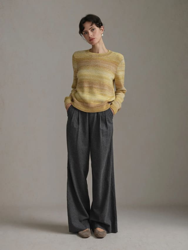 Model wearing TANYA Gradient Stripe Knit Vest with charcoal wide-leg trousers and suede loafers in studio setting