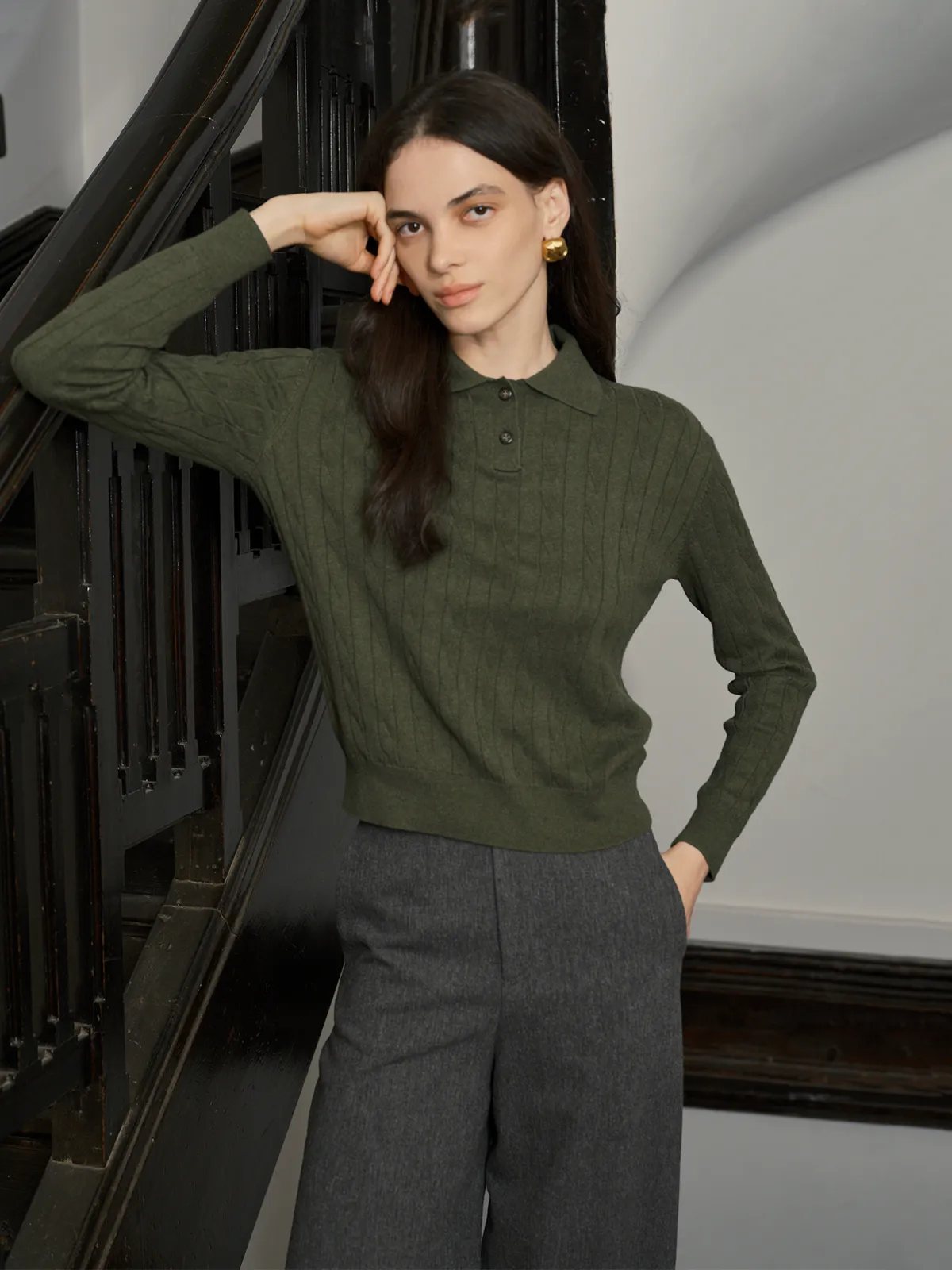 Olive Jumper Styled with Gold Earrings & Trousers