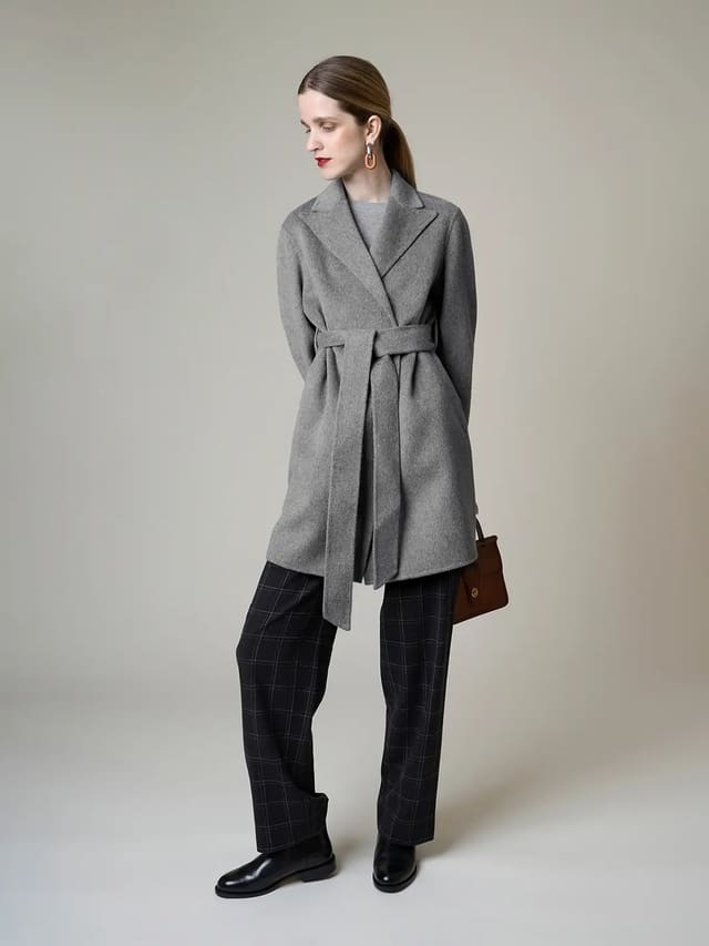 Alxa camel wool silk beige grey brown black classic long coat-Model front view grew middle length -09