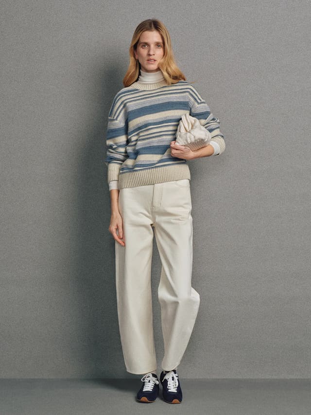 AFRA｜Irregular Multicolour Stripe Wool Cotton Jumper-Model front view-01