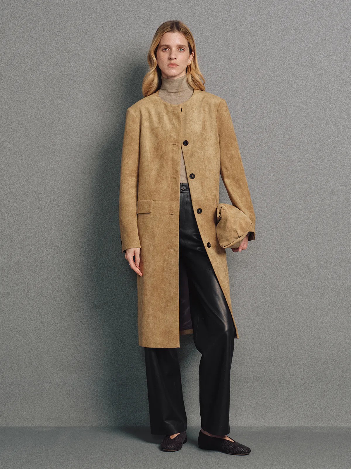 CORNELIA｜Minimal Faux Suede Collarless Long Coat-Model front view-01