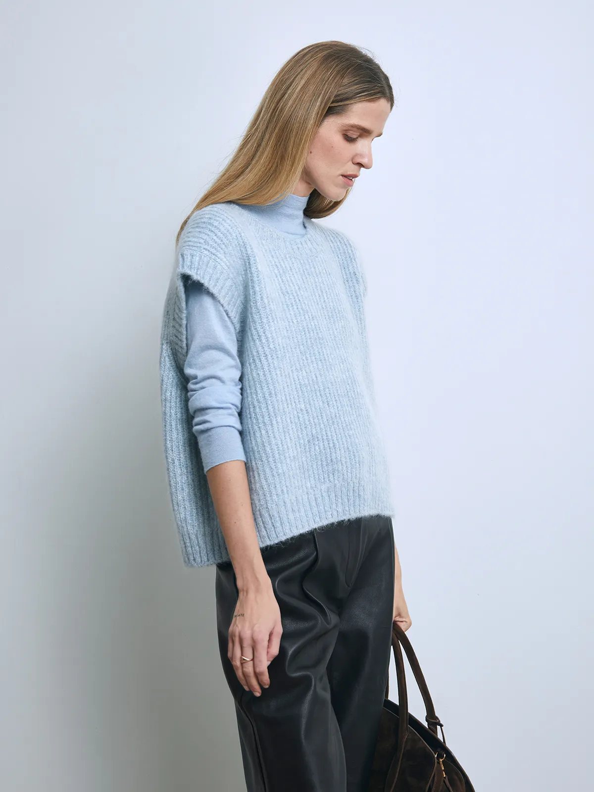 Andrea Tang ultra soft mohair wool loose box shape light blue knit vest - Model side view