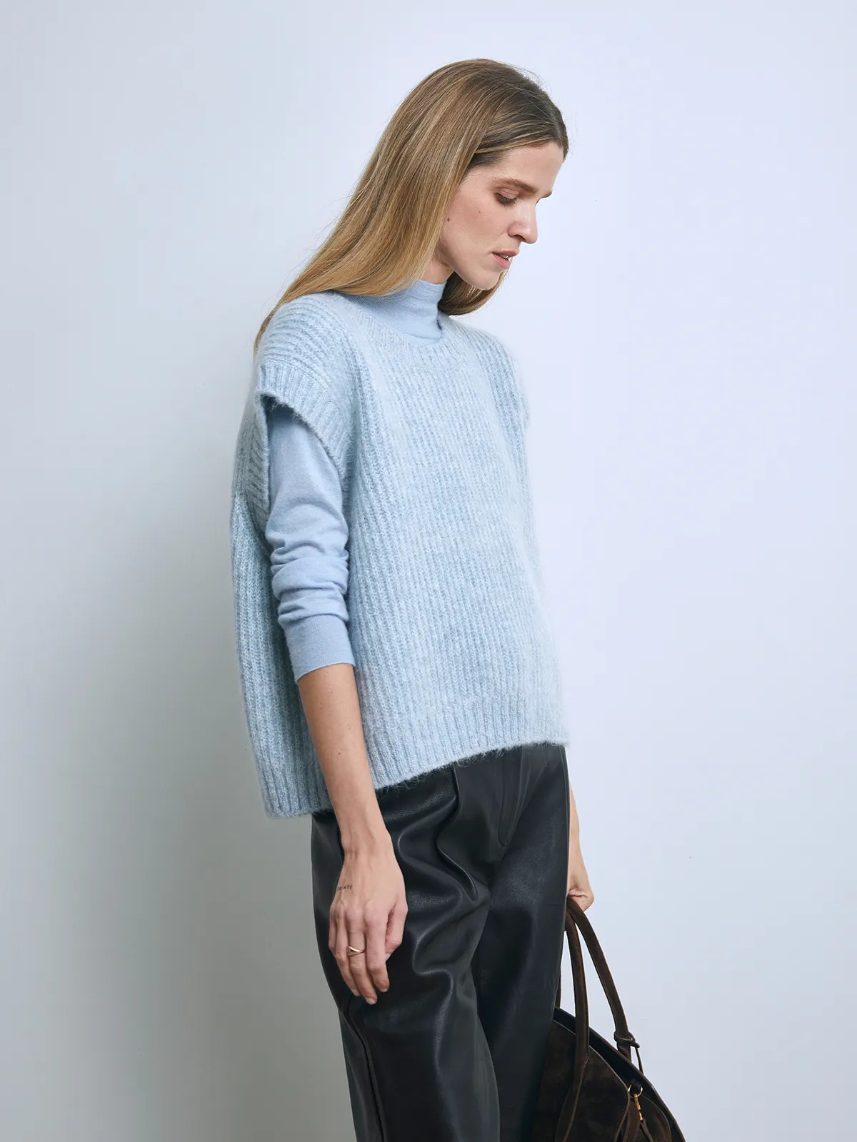Andrea Tang ultra soft mohair wool loose box shape light blue knit vest - Model side view