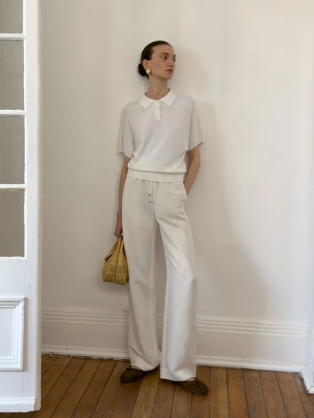 andreatang NADINE white batwing sleeve knit polo with cream wide-leg pants, Parisian chic minimalist outfit