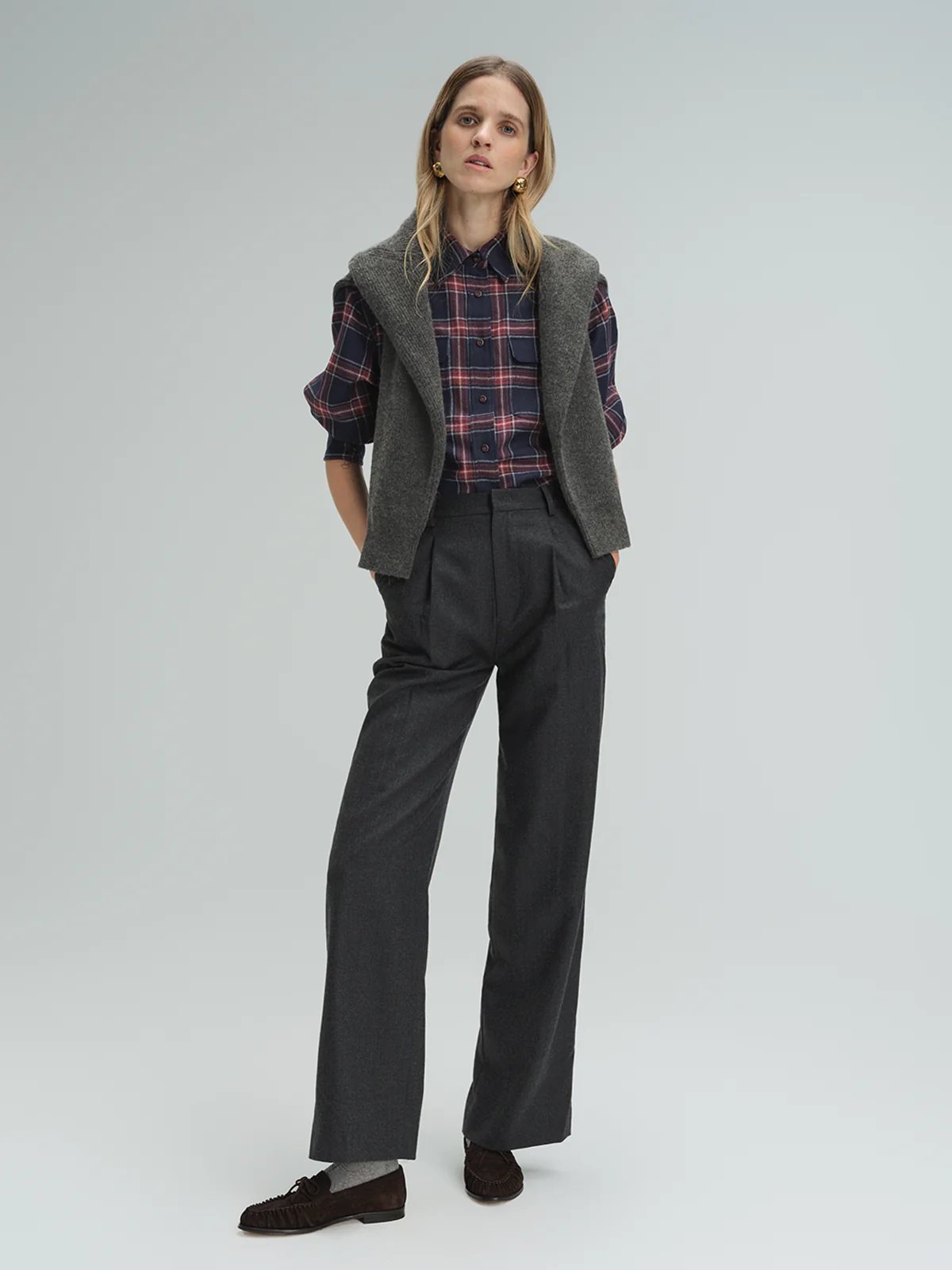 andreatang wool straight-leg trousers styled with plaid shirt and sleeveless knit vest