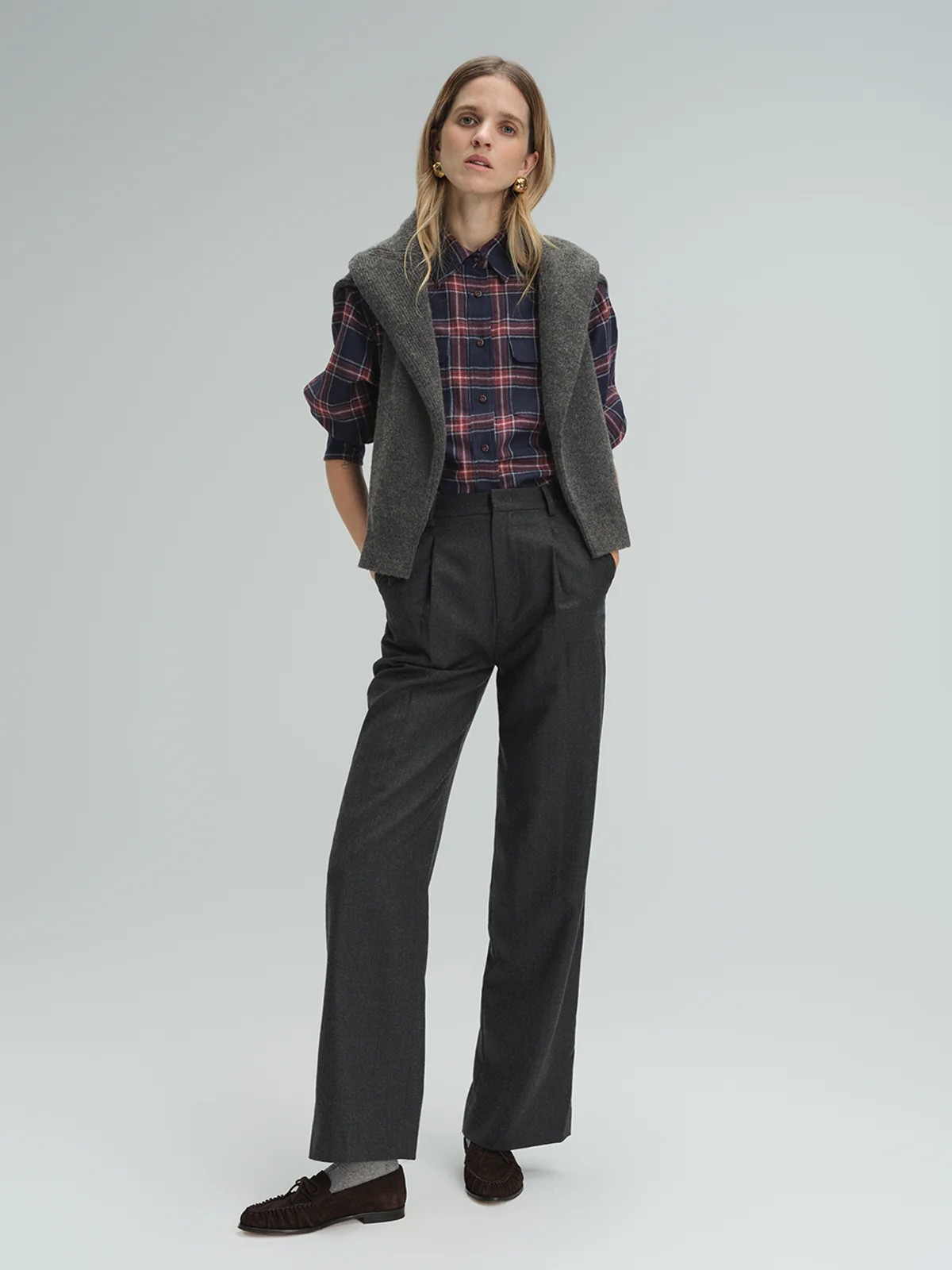 andreatang wool straight-leg trousers styled with plaid shirt and sleeveless knit vest