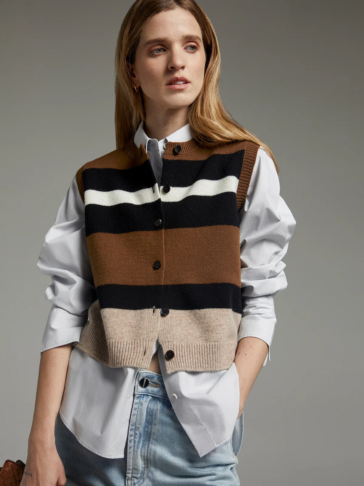 NINA｜Merino Wool Striped Patchwork Knit Vest-Model side view-01