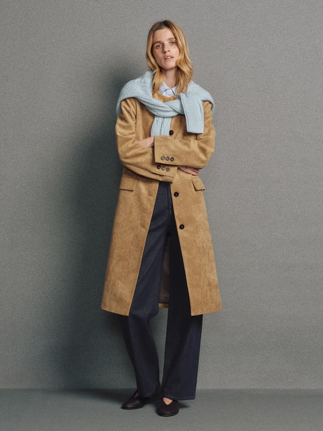 CORNELIA｜Minimal Faux Suede Collarless Long Coat-Model side view-01