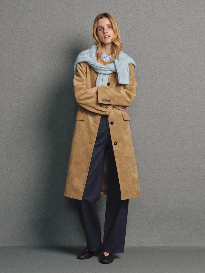 CORNELIA｜Minimal Faux Suede Collarless Long Coat-Model side view-01