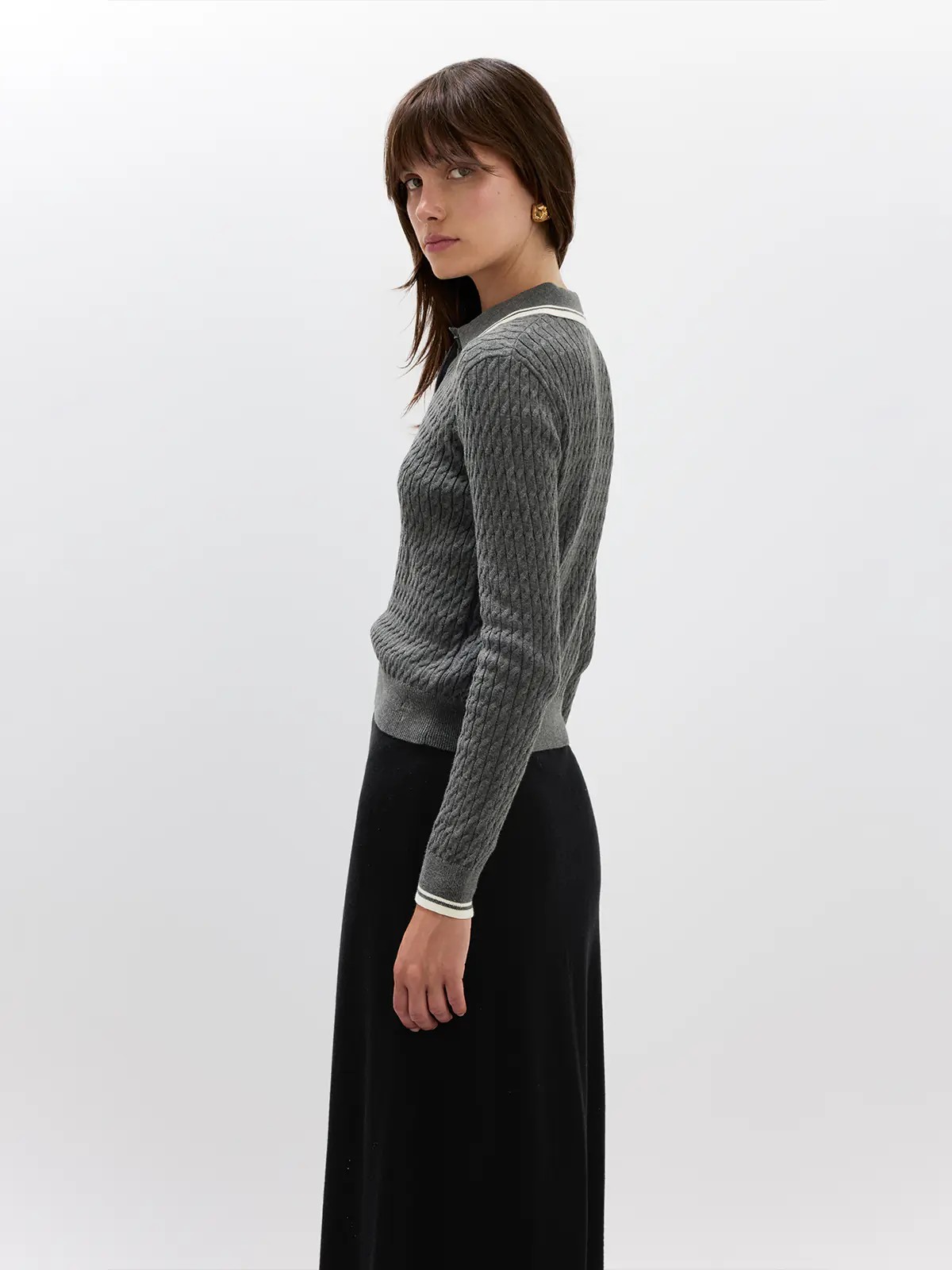 SANDRA｜Cashmere Cotton Blend Cable Knit Polo-Model side view-03