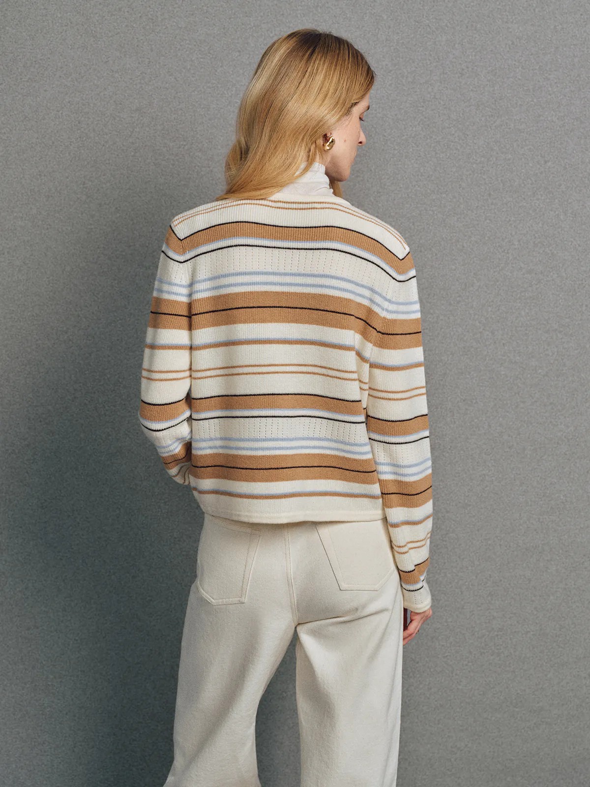 ELENA｜Multicolour Stripe Cashmere Wool V-Neck Cardigan-Model back view-01