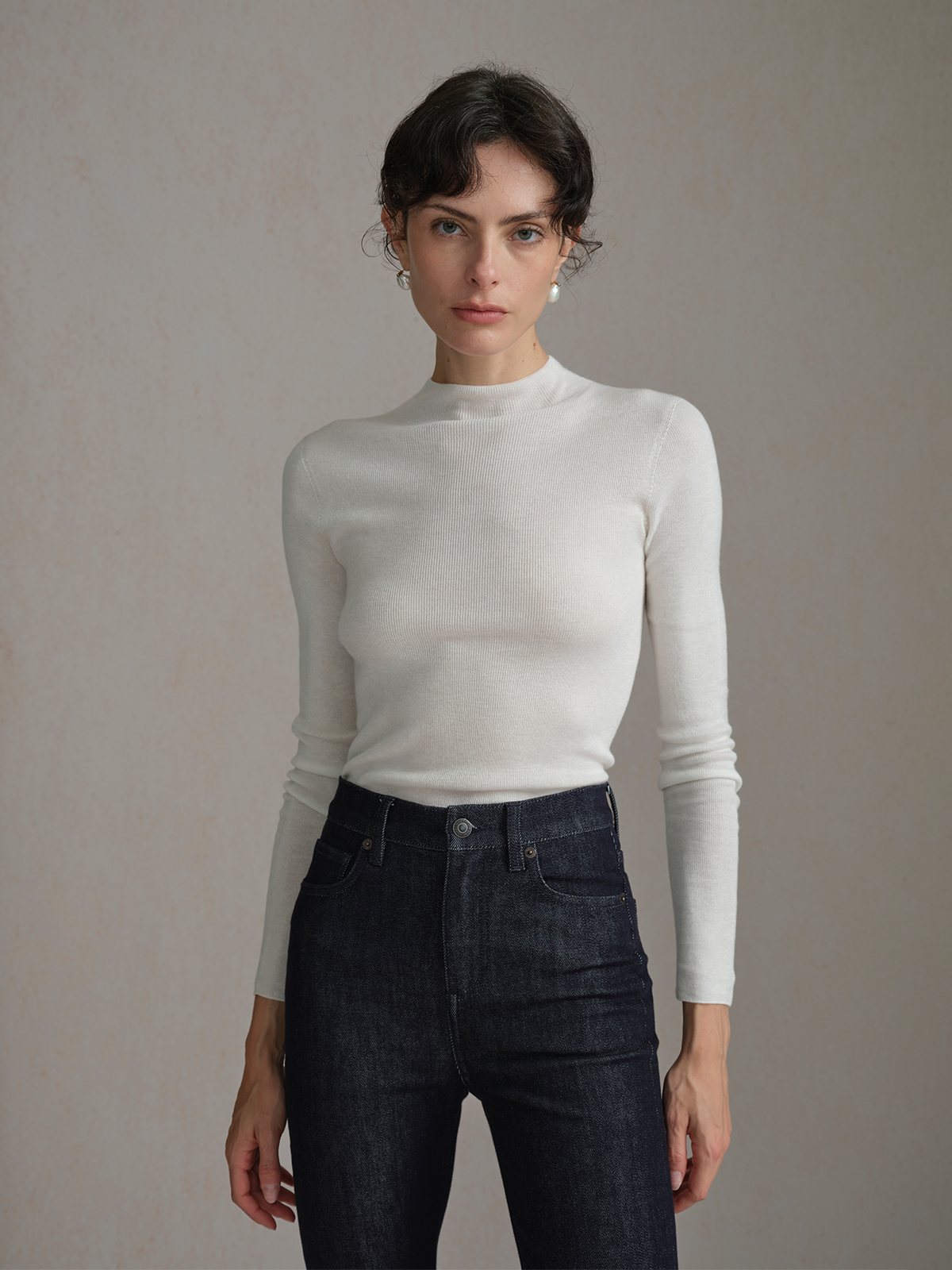 Product View of EASE Mock Neck Seamless Fitted Base Layer in Off-White.