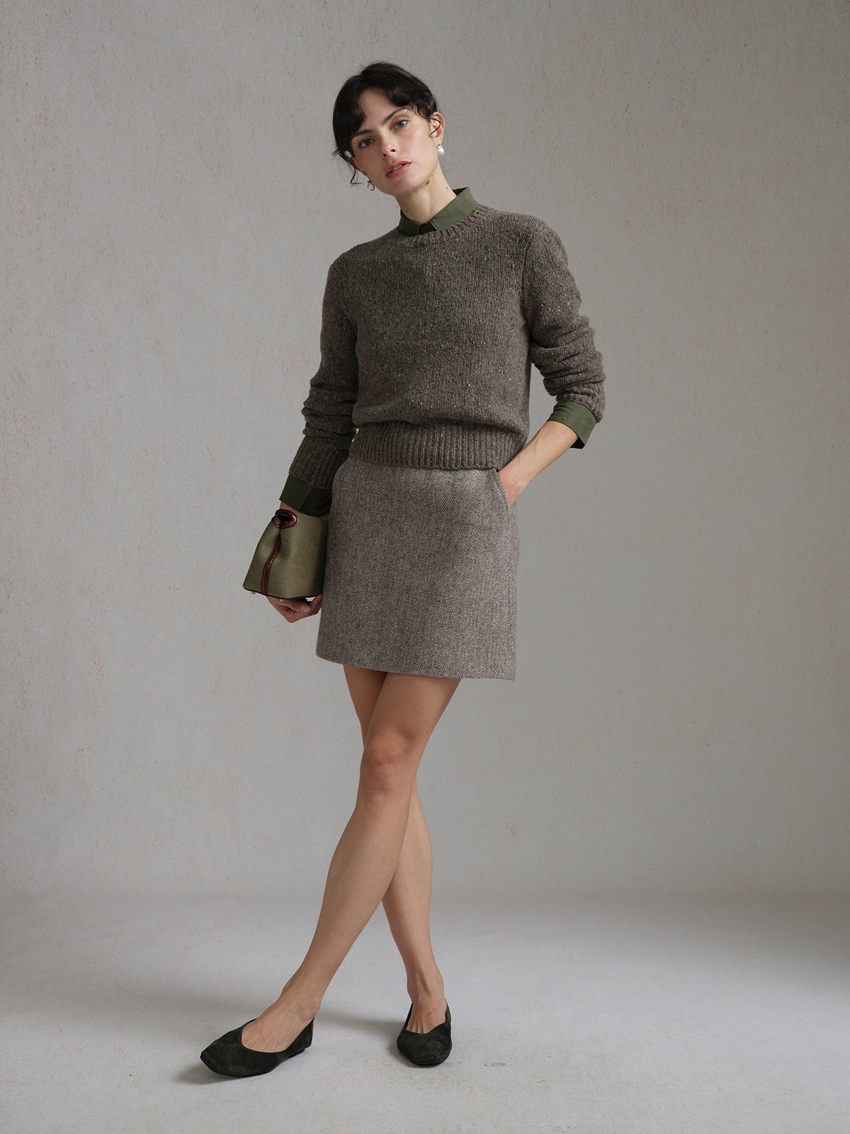 Product View of ELOISE Herringbone A-line Skirt in Light Brown.