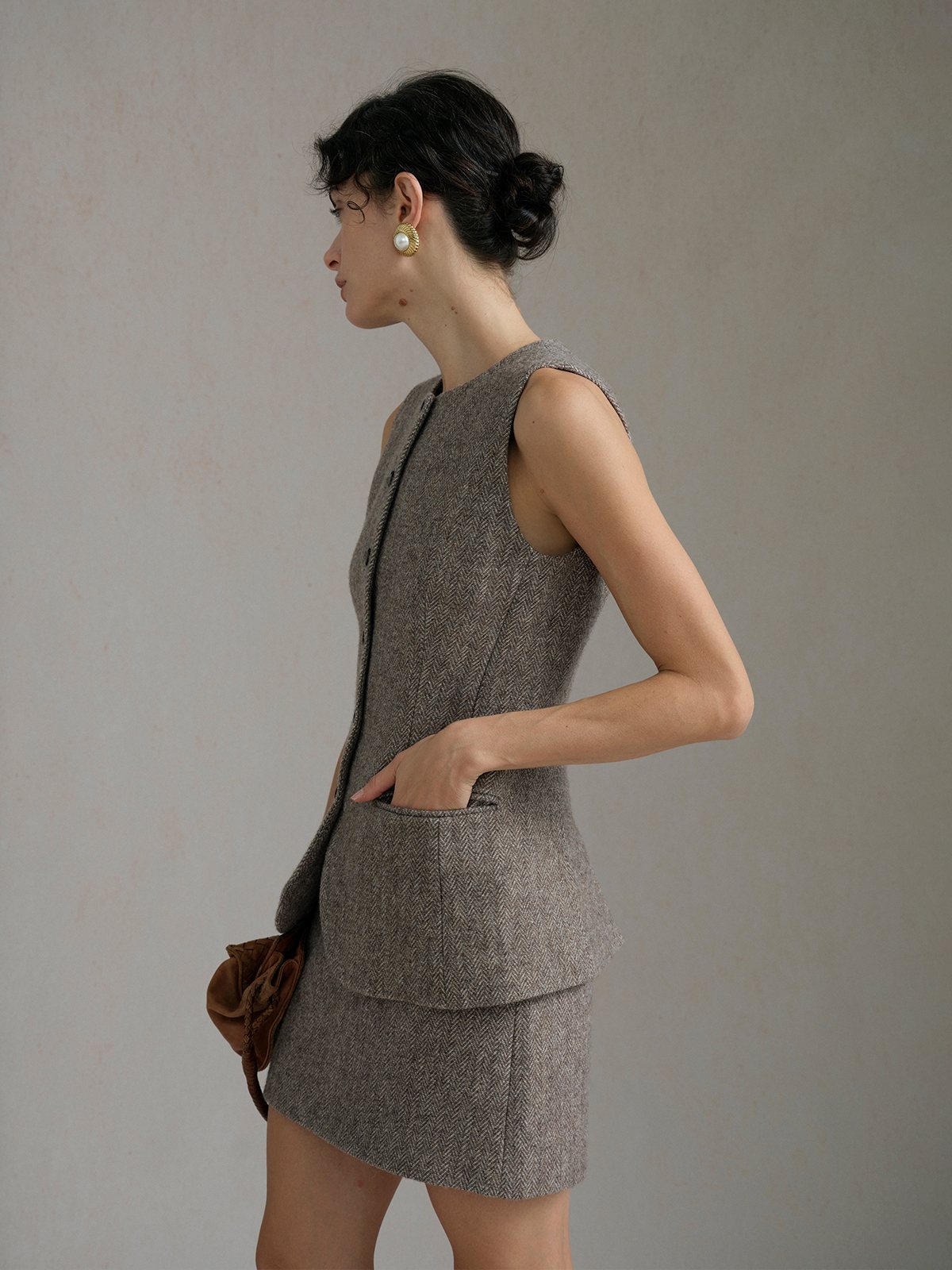 Product View of BURGESS Herringbone Waistcoat in Light Brown.