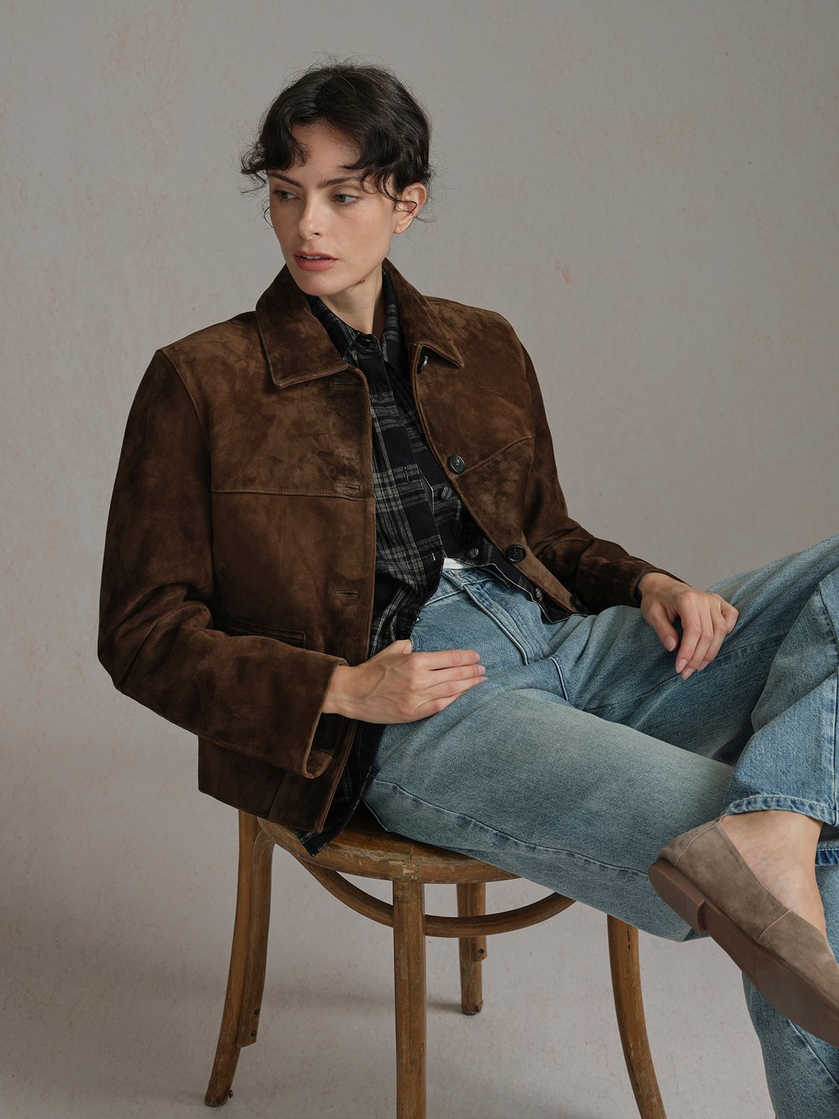Product View of BINLEY Suede Lambskin Jacket in Dark Brown.