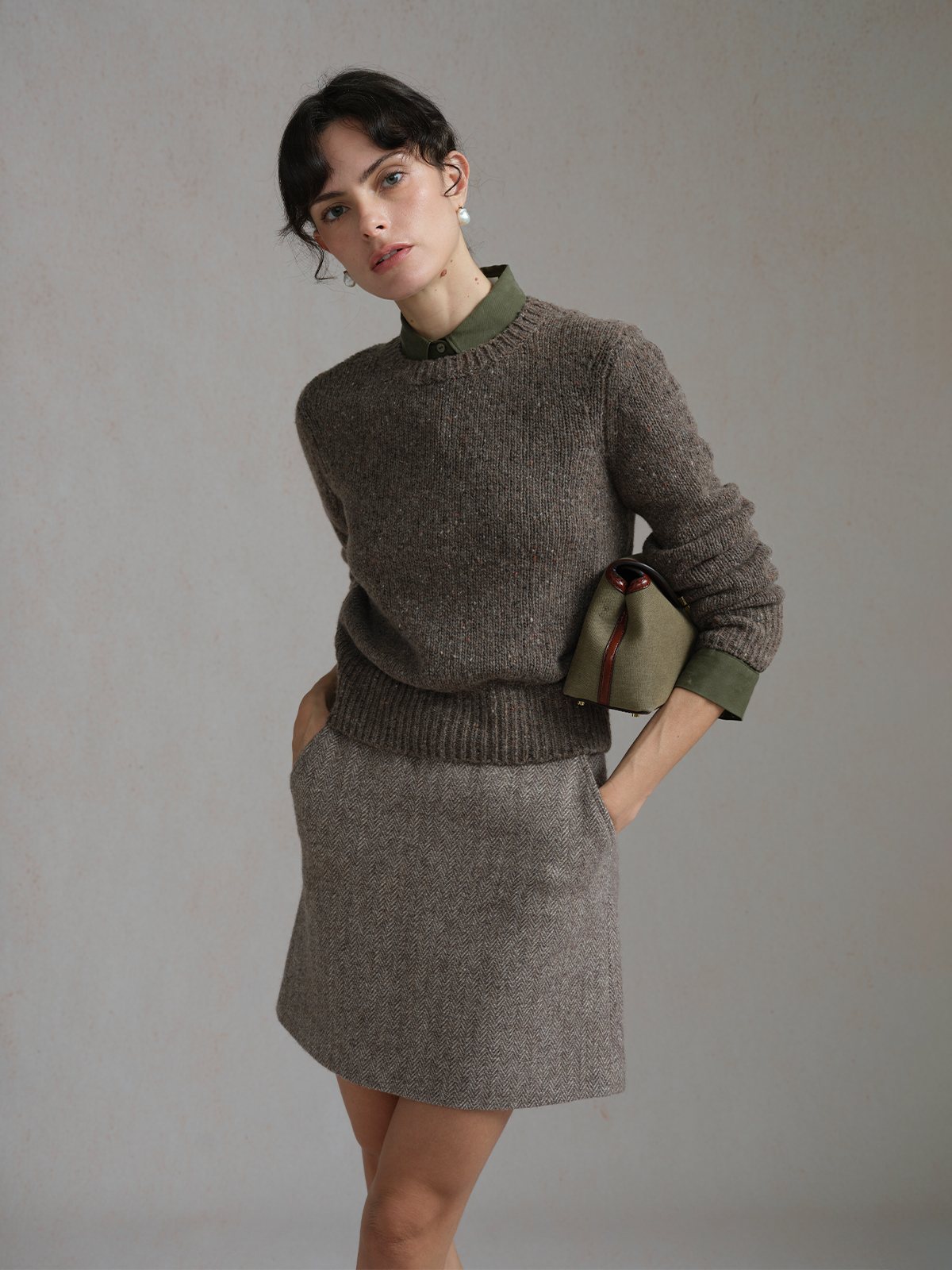 Product View of ELOISE Herringbone A-line Skirt in Light Brown.