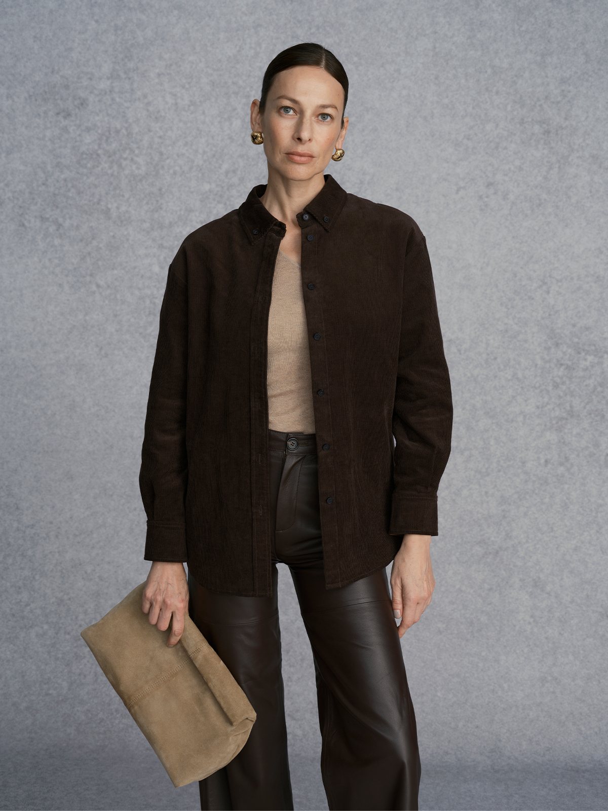 Product View of EASE V-Neck Seamless Fitted Base Layer in Light Brown.