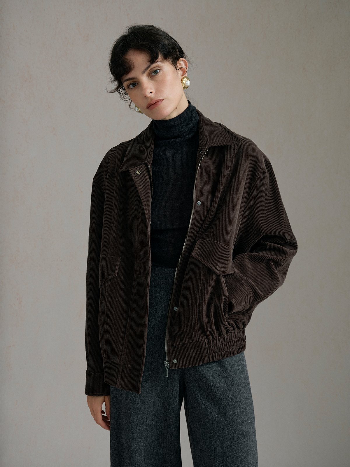 Product View of DOMINIQUE Corduroy Jacket in Brown.